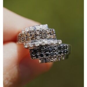 Vintage 14k 585 Solid White Gold Black Brown & Bright White Diamond Ring‎ - Pave